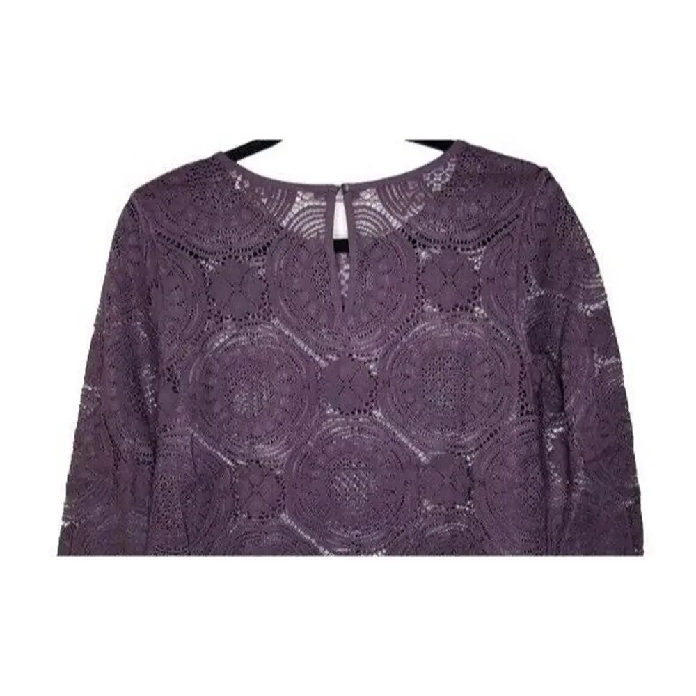 Ann Taylor Sheer Laced Long Sleeve Top Round Neck Key Hole Button XS Plum #4224